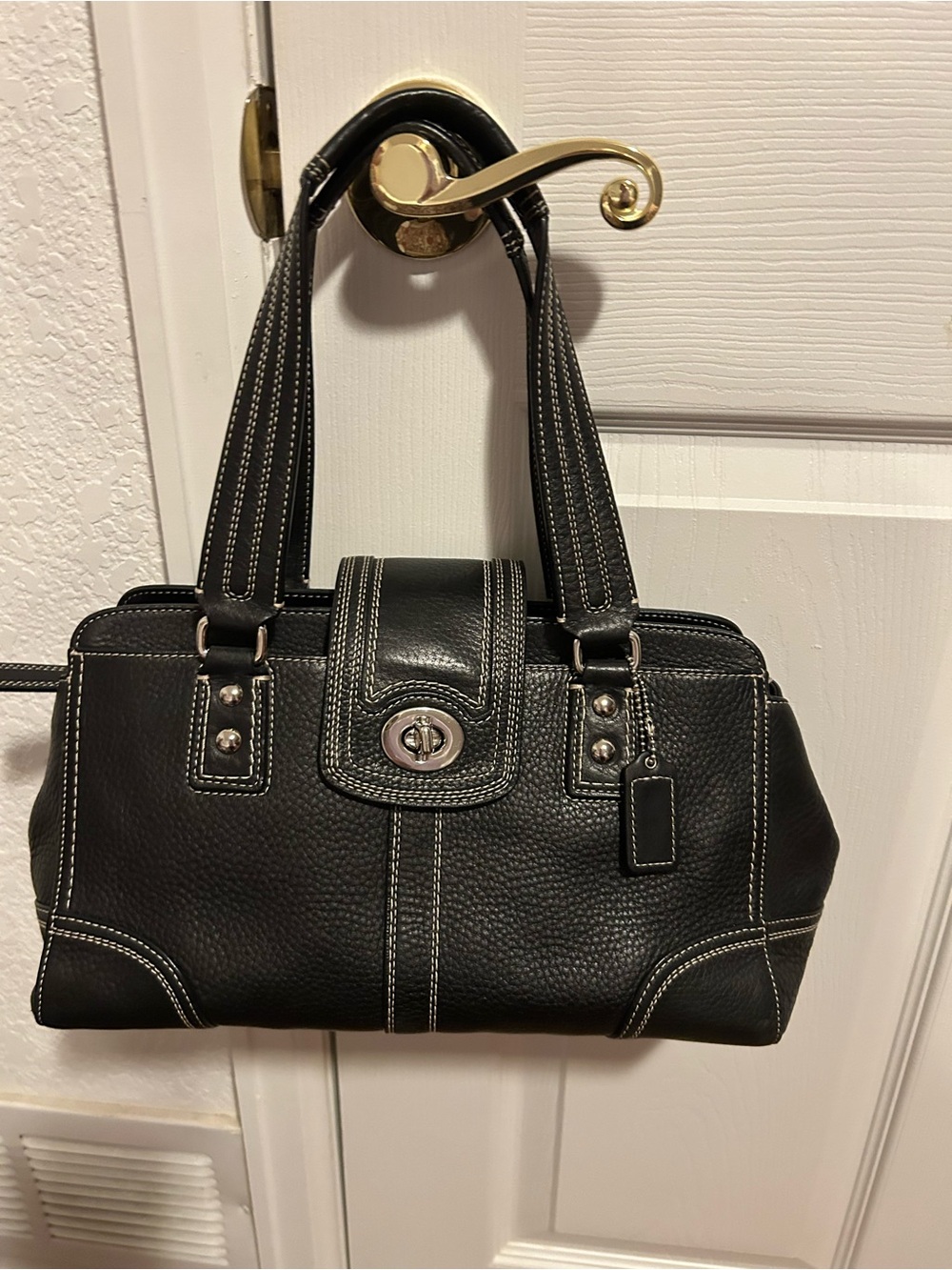 Coach Black Leather Satchel with White Contrast Stitching